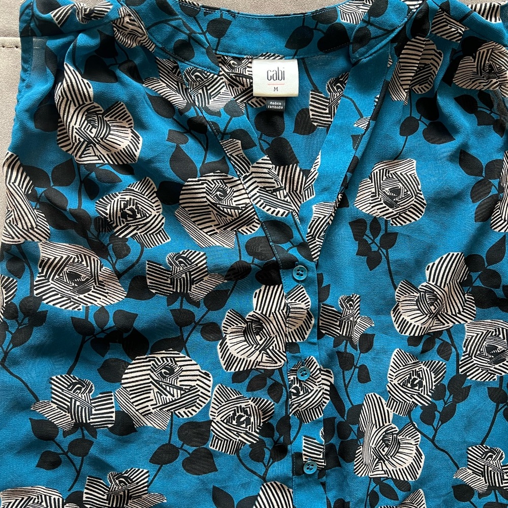 CAbi Teal and Black Floral Blouse - Picture 1 of 5